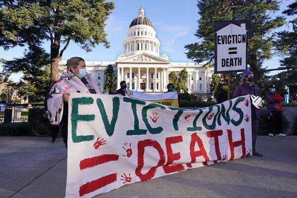 Demonstrators gathered at the State Capitol in Sacramento in January to call for rent forgiveness and stronger eviction protections.